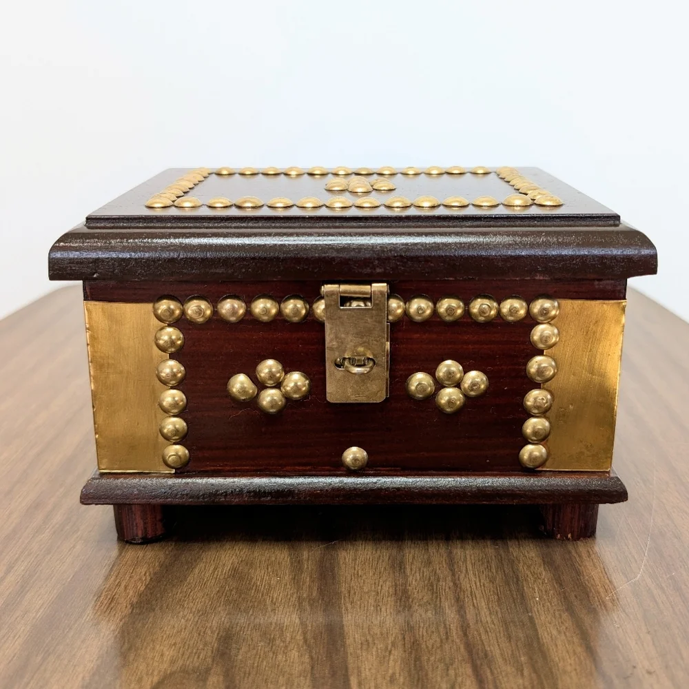 Vintage Dark Red Brown Mahogany Color Wooden Box With Gold Tone Brass Details